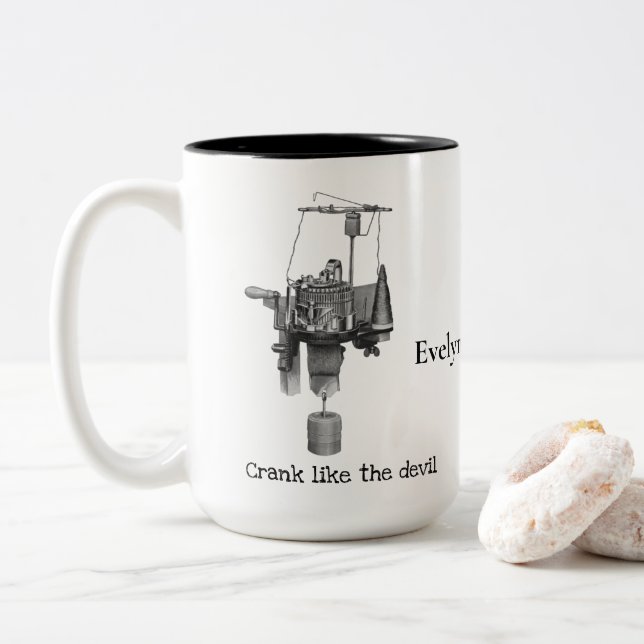 Antique Circular Sock Knitting Machine drawing Two Two-Tone Coffee Mug (With Donut)