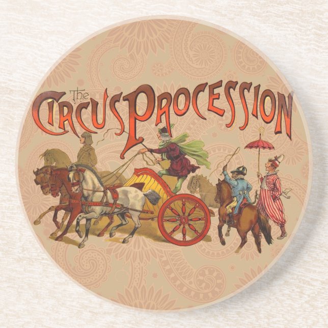 Antique Circus Parade Clowns Horses Drink Coaster (Front)