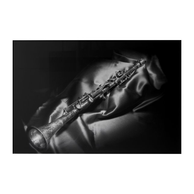Antique clarinet still life, B&W Acrylic Print (Front)