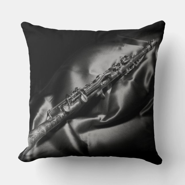 Antique clarinet still life, B&W Throw Pillow (Front)