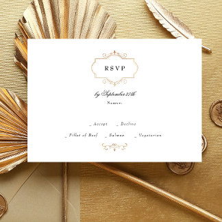antique classic gold black white monogram wedding RSVP card