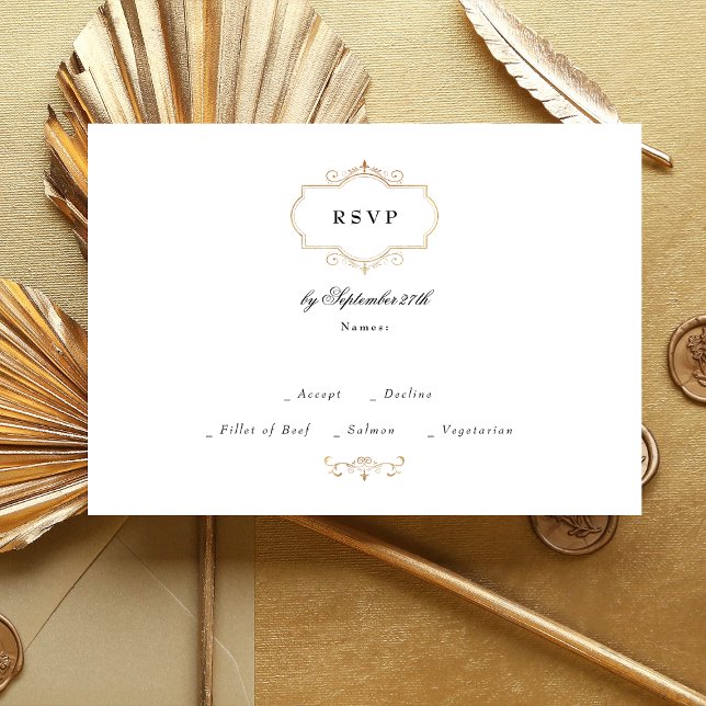 antique classic gold black white monogram wedding RSVP card (Creator Uploaded)
