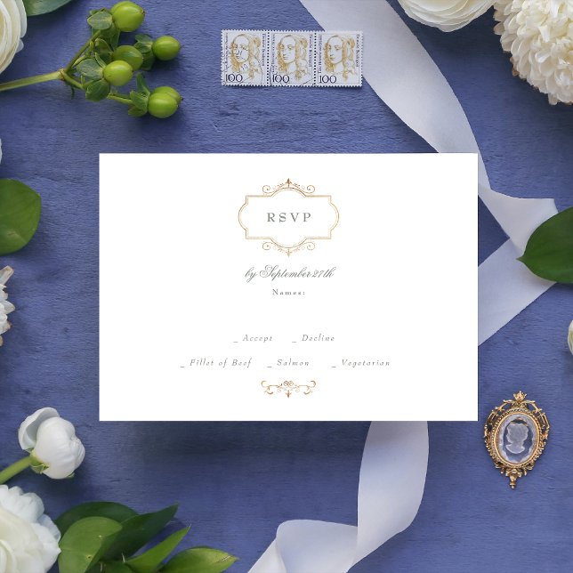 antique classic gold sage green monogram wedding RSVP card (Creator Uploaded)