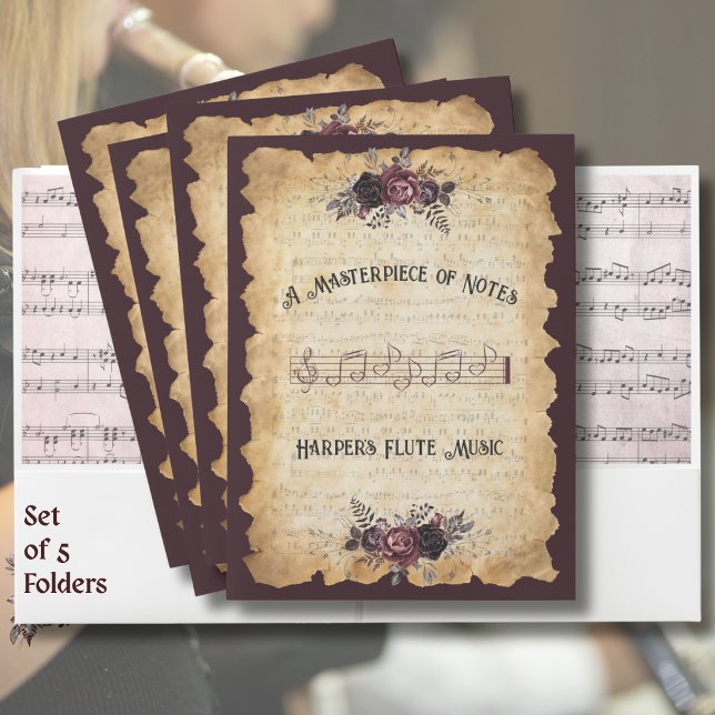 Antique Classical Flute Sheet Music Folder Set (Personalized and unique botanical flute sheet music folders—set of 5 pocket portfolios.)
