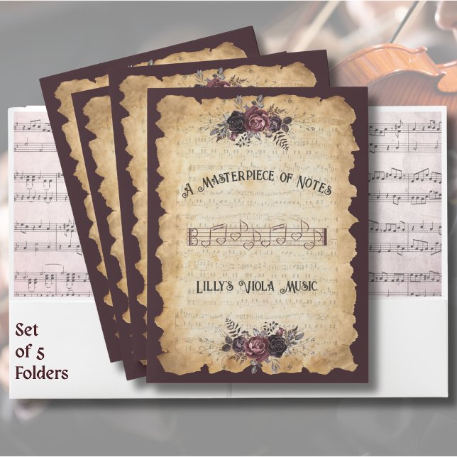 Antique Classical Viola Sheet Music Folder Set (Vintage floral viola sheet music folders for organized student musicians.)