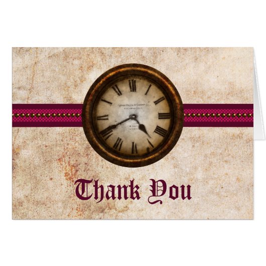Antique Clock Thank You Card, Fuchsia (Front Horizontal)