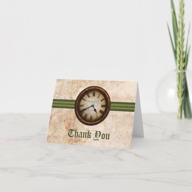 Antique Clock Thank You Card, Green (Front)