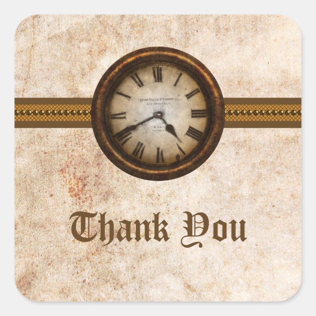 Antique Clock Thank You Stickers, Brown Square Sticker (Front)