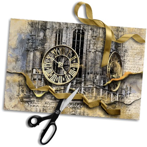 Antique Clock Tower  Steampunk Ripped Decoupage Tissue Paper