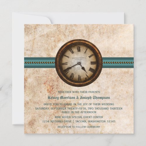 Antique Clock Wedding Invitation, Teal
