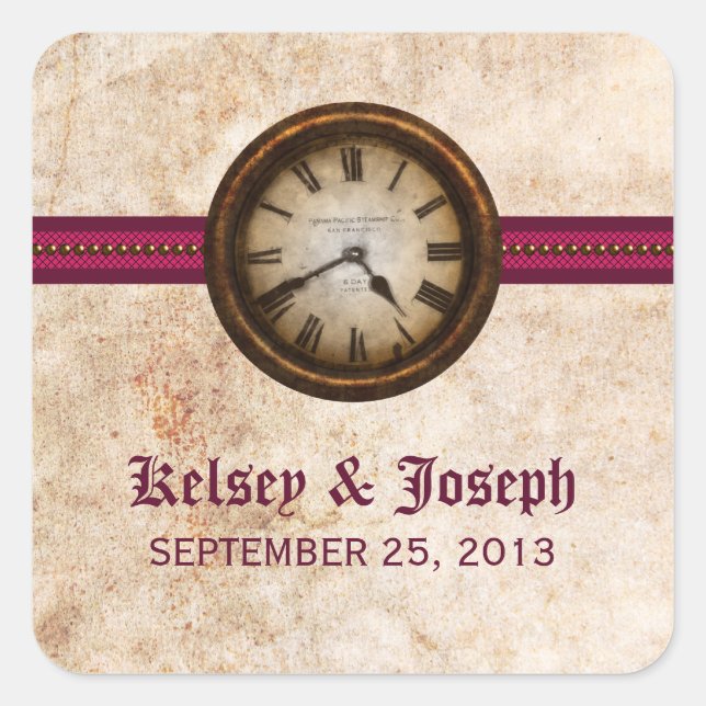 Antique Clock Wedding Stickers, Fuchsia Square Sticker (Front)