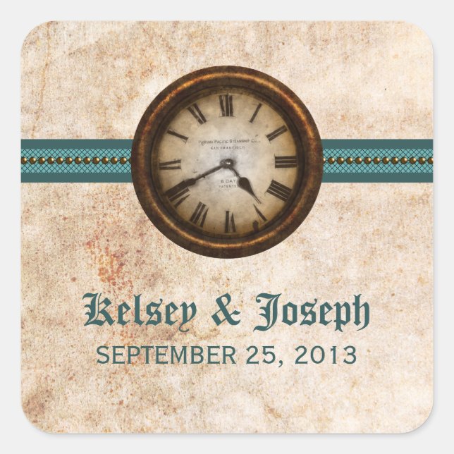Antique Clock Wedding Stickers, Teal Square Sticker (Front)