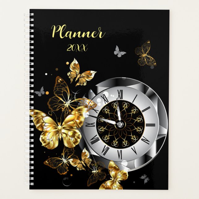 Antique Clock with Golden Butterflies Planner (Front)