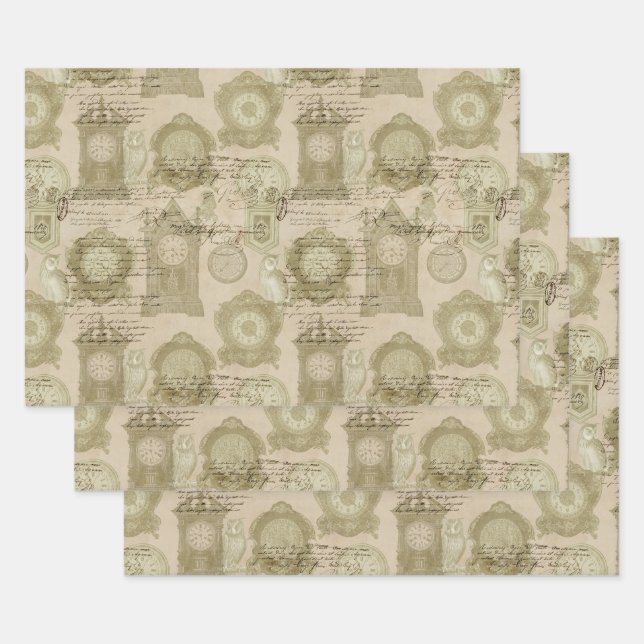 Antique Clocks and Owls Wrapping Paper Sheets (Set)