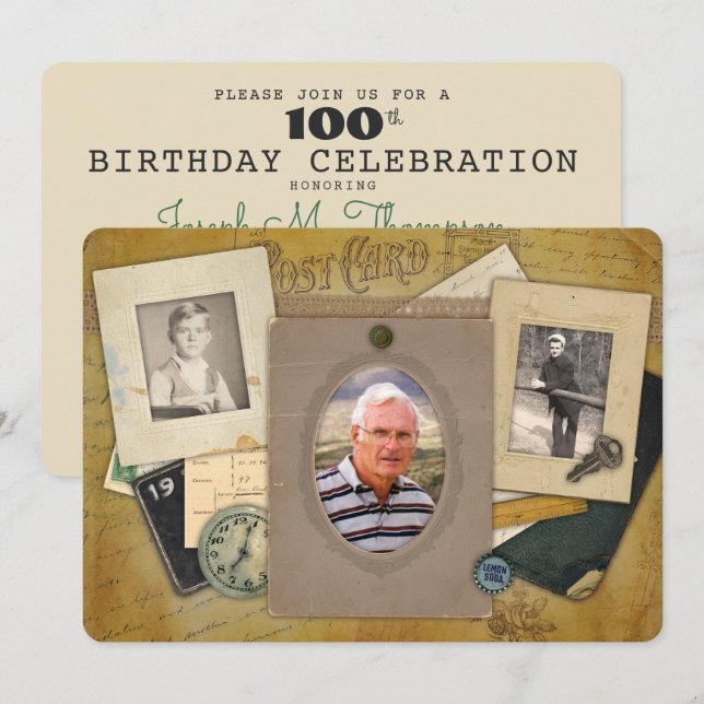 Antique Collage | Masculine 3 Photo Custom Year Invitation (Front/Back)