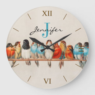 Antique Colorful Birds Watercolor Monogram Name Large Clock