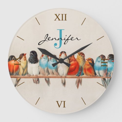 Antique Colorful Birds Watercolor Monogram Name Large Clock