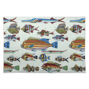 Antique Colorful Exotic Fish Natural History Print Cloth Placemat