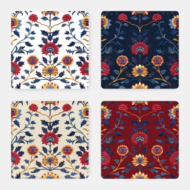 Antique Colorful Indian Floral Motif Pattern Coaster Set (Set)