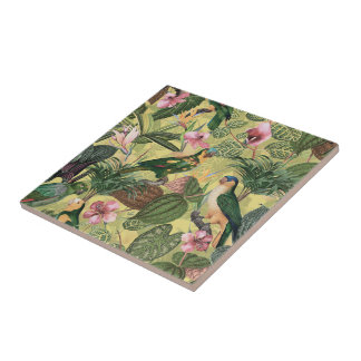 Antique Colorful Parrots Tropical Jungle Pattern Ceramic Tile
