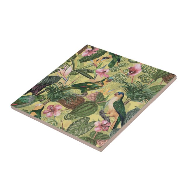 Antique Colorful Parrots Tropical Jungle Pattern Ceramic Tile (Side)