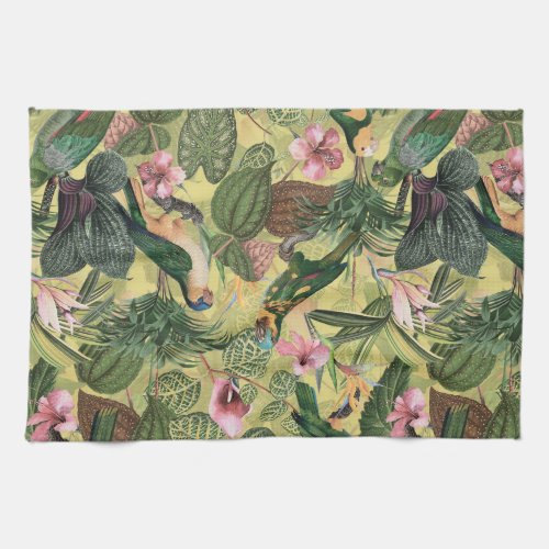 Antique Colorful Parrots Tropical Jungle Pattern Kitchen Towel