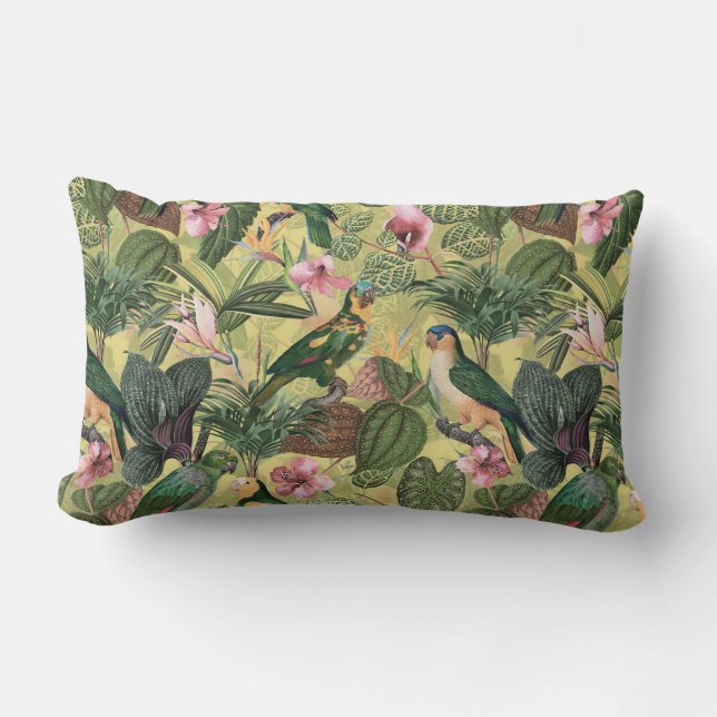 Antique Colorful Parrots Tropical Jungle Pattern Lumbar Pillow (Front)