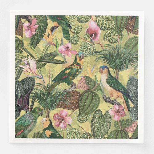 Antique Colorful Parrots Tropical Jungle Pattern Paper Dinner Napkins