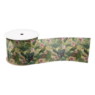 Antique Colorful Parrots Tropical Jungle Pattern Satin Ribbon