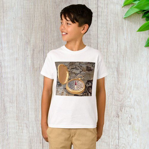 Antique Compass On A Map Boys T_Shirt