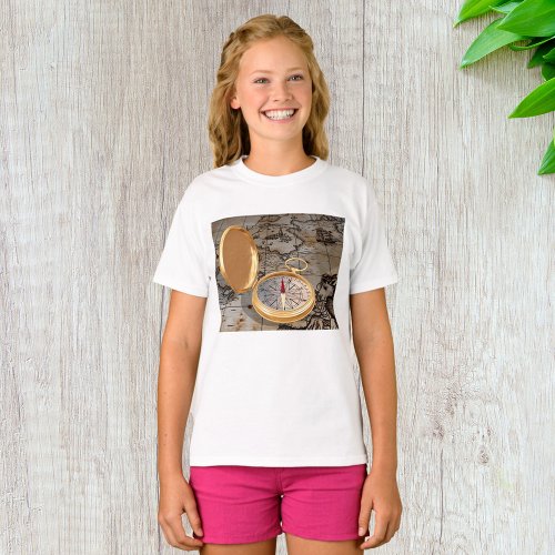 Antique Compass On A Map Girls T_Shirt