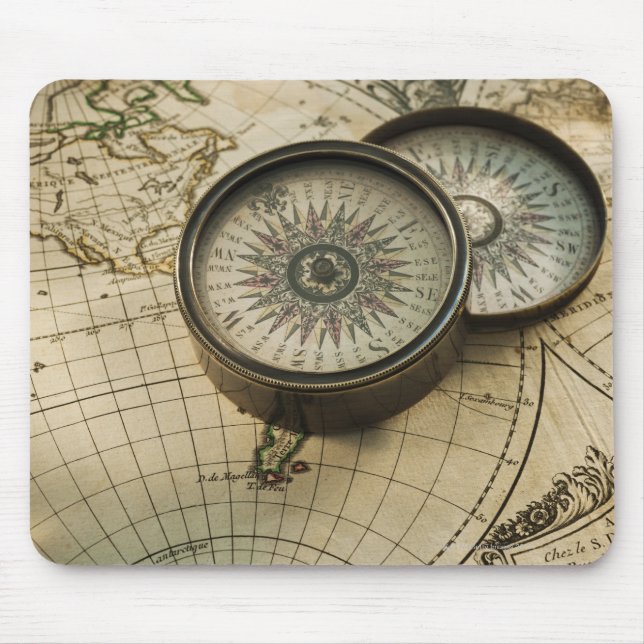 Antique compass on map mouse pad (Front)