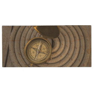Antique Compass On Sailboat Deck Wood Flash Drive