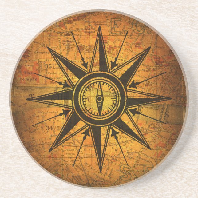 Antique Compass Rose Drink Coaster (Front)