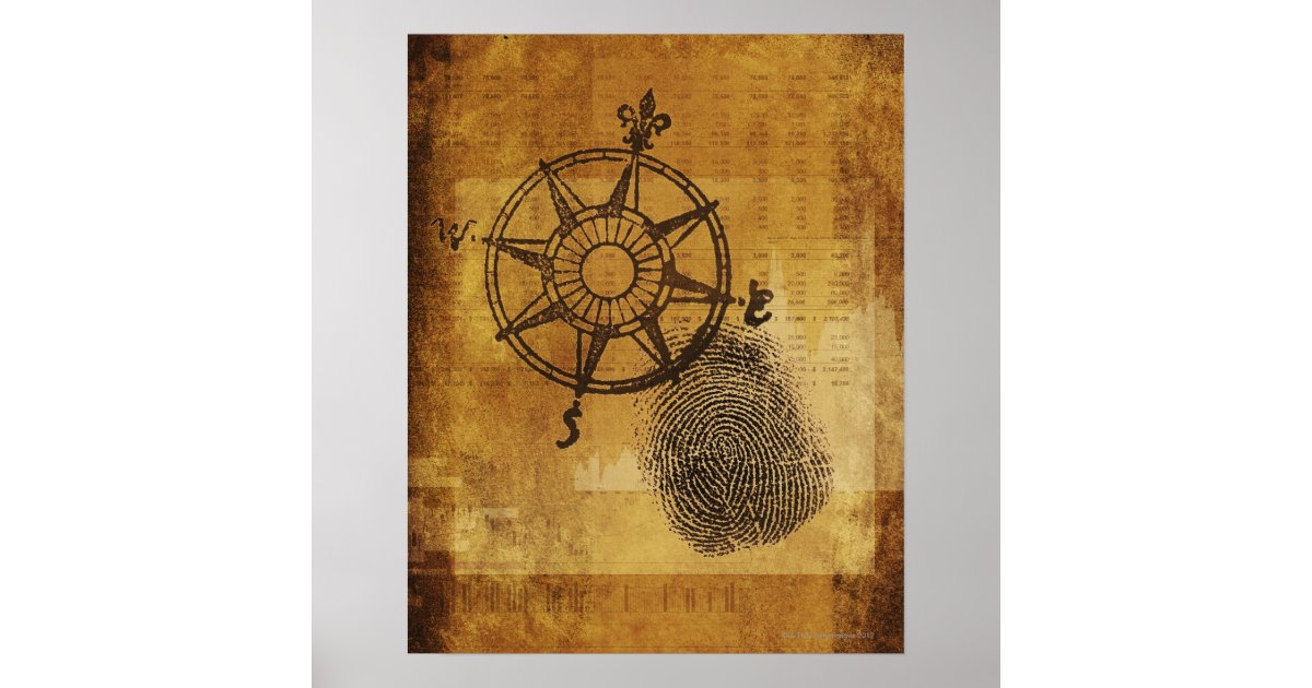 Antique compass rose with fingerprint poster | Zazzle