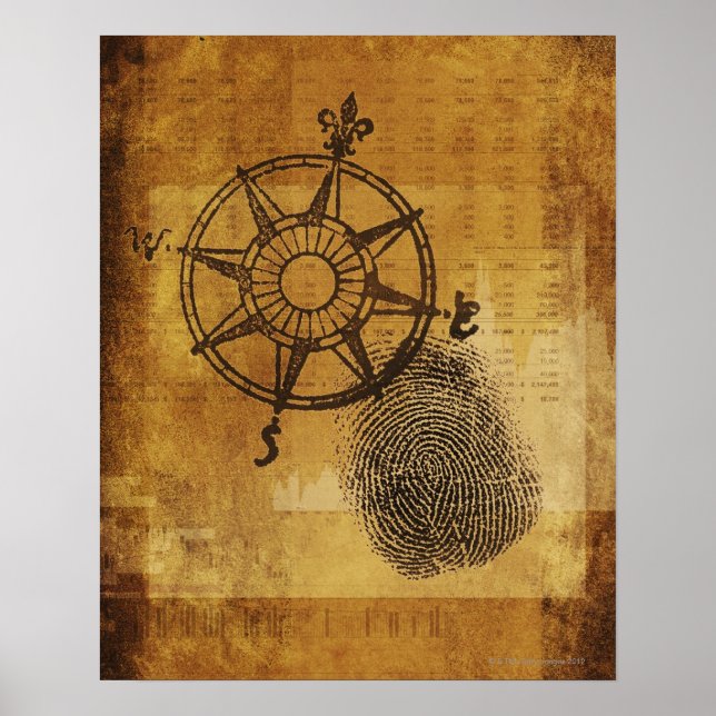 Antique compass rose with fingerprint poster (Front)