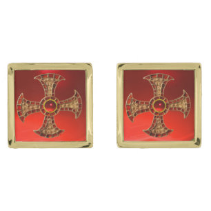 ANTIQUE CONSECRATION CROSS Red Ruby Gemstones Gold Cufflinks