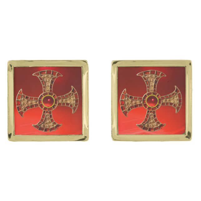 ANTIQUE CONSECRATION CROSS Red Ruby Gemstones Gold Cufflinks (Front)