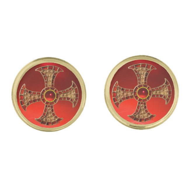 ANTIQUE CONSECRATION CROSS Red Ruby Gemstones Gold Cufflinks (Front)