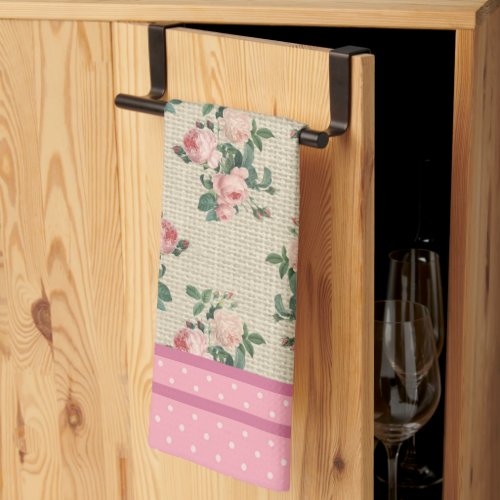 Antique Cottage Roses and Pink Polka Dots Kitchen Towel
