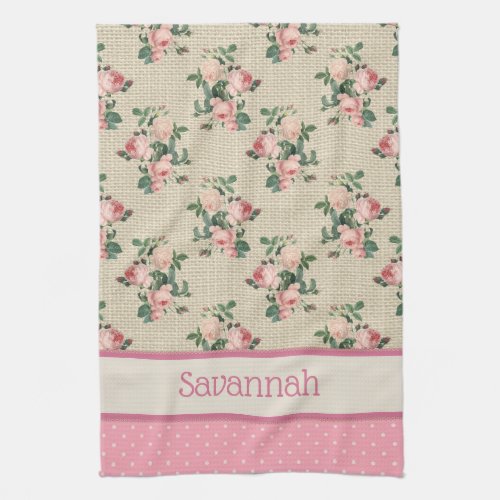  Antique Cottage Roses and Pink Polka Dots Kitchen Towel