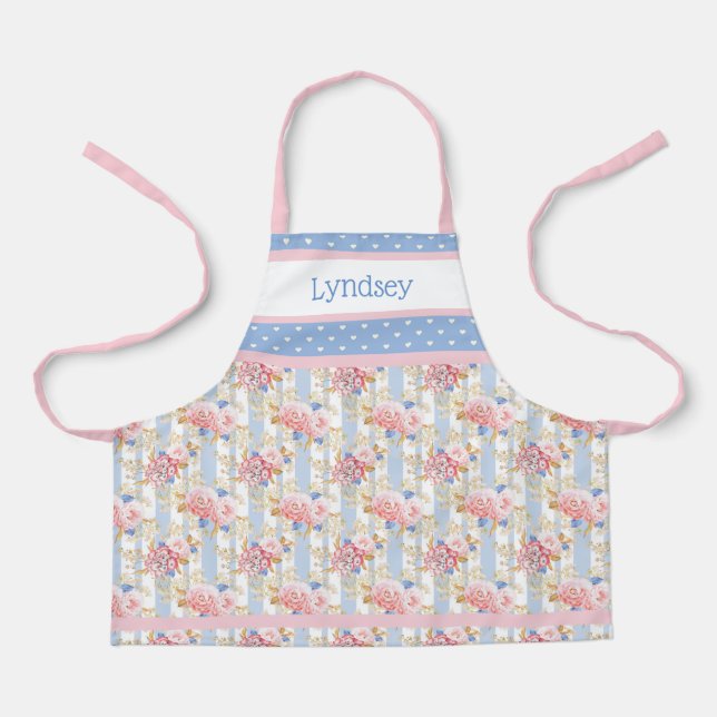 Antique Cottage Roses | Blue and White Hearts Apron (Front)