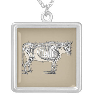Antique Cow Skeleton Bones Fun Silver Plated Necklace