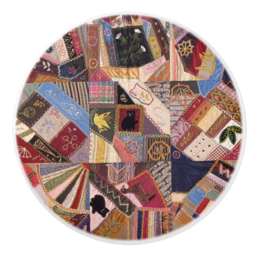 Antique Crazy Quilt Pattern _ Folk Art Heirloom Ceramic Knob