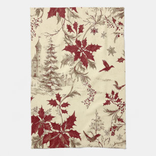 Antique Cream Burgundy Winter Birds Holly Floral Kitchen Towel