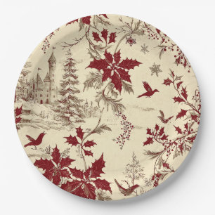 Antique Cream Burgundy Winter Birds Holly Floral Paper Plates