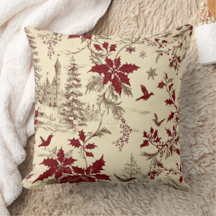 Antique Cream Burgundy Winter Birds Holly Floral Throw Pillow