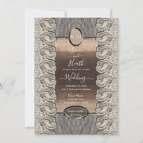 Antique Cream Lace Grey Wood  Copper Wedding    Invitation