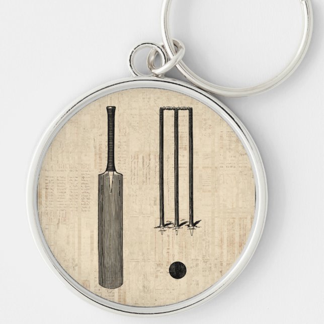 Antique Cricket Bat Vintage Illustrated Art Keychain (Front)