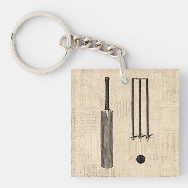 Antique Cricket Bat Vintage Illustrated Art Keychain (Front)